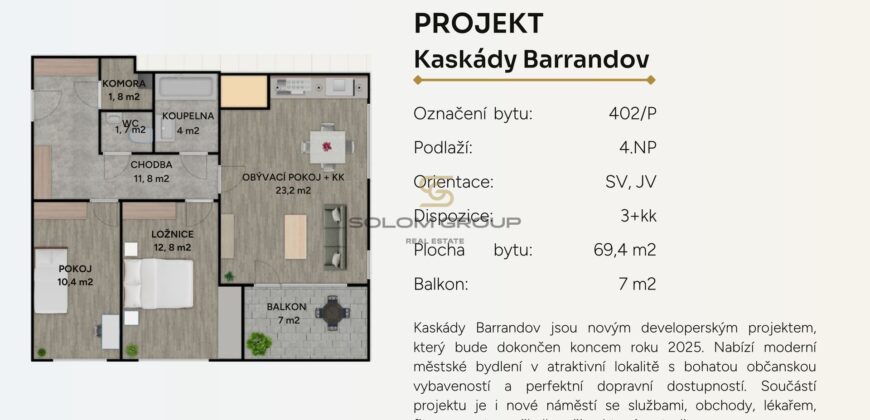 NOVÝ rohový byt 3+kk/Balkon + komora v bytě, 76 m2 + sklepní kóje + parkovací stání. Barrandov.