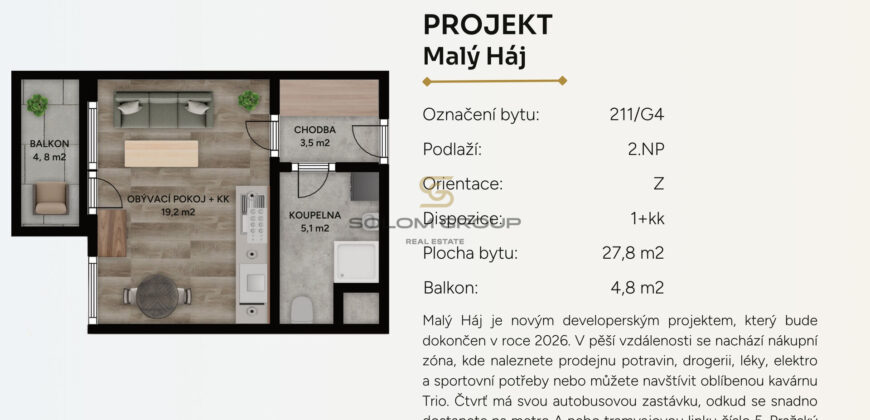 Prodej NOVÉHO bytu 1+kk/Balkon, 34 m² + parkovací stání, Dolní Měcholupy, novostavba