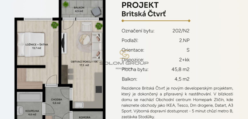 Prodej NOVÉHO bytu 2+kk/Balkon + komora v bytě, 50,6 m². Britská čtvrť. Stodůlky.