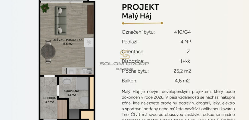 Prodej NOVÉHO bytu 1+kk/Balkon, 30 m² + parkovací stání. Novostavba. Praha 10.